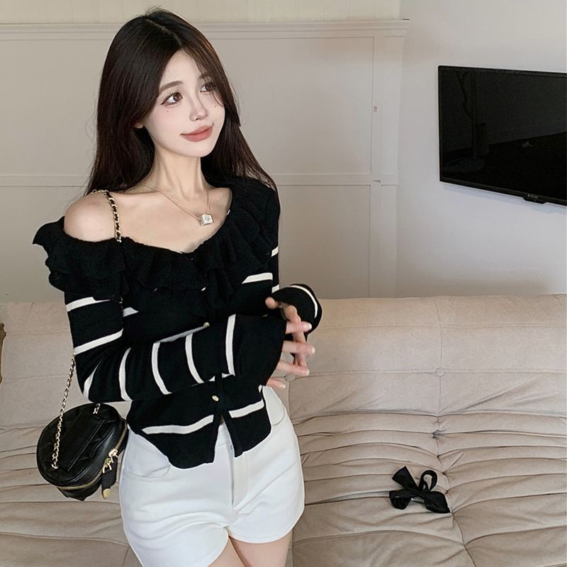 Áo cardigan COZOKC dệt kim tay dài dáng ngắn phối bèo thiết kế ôm sát