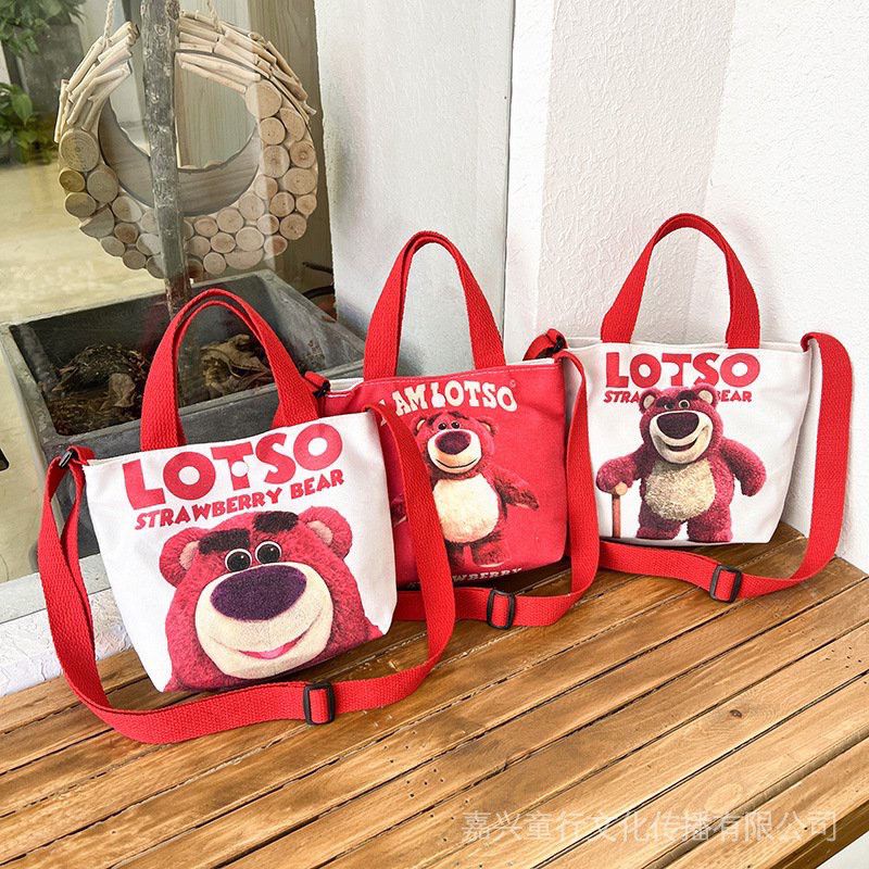 Túi đeo chéo bằng vải Canvas in hoạ tiết hoạt hình gấu Lotso dễ thương cho bé