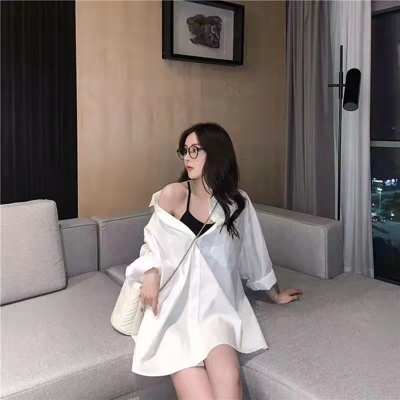 Áo Sơ Mi Tay Dài Dáng Rộng Màu Trắng Thời Trang Cho Nữ