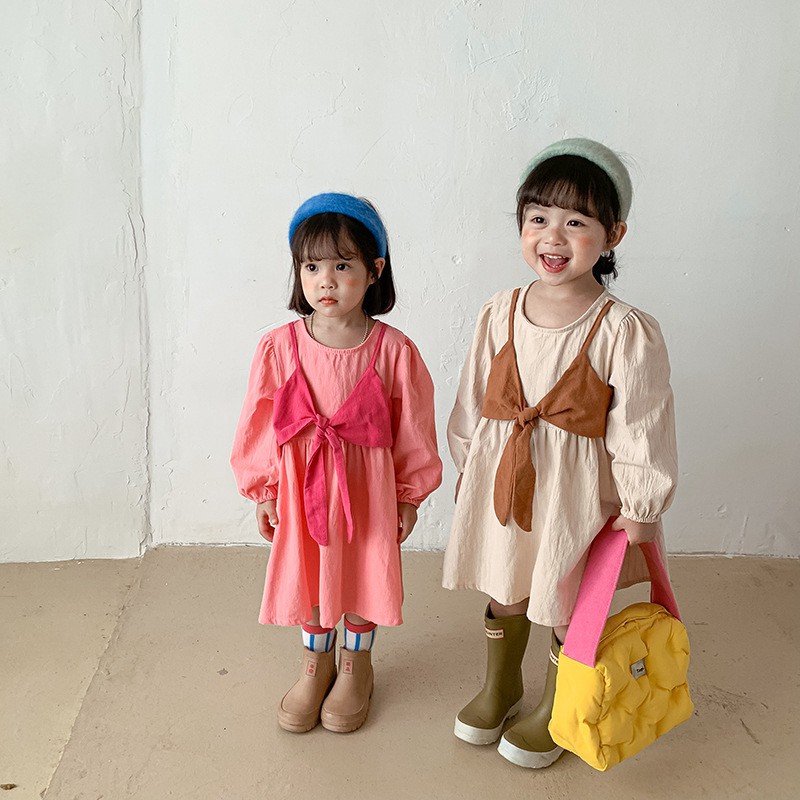 Đầm Công Chúa Tay Dài Giả Hai Lớp Bằng Cotton Và Vải Lanh Màu Sắc Tương Phản Phong Cách Hàn Quốc Dành Cho Bé Gái