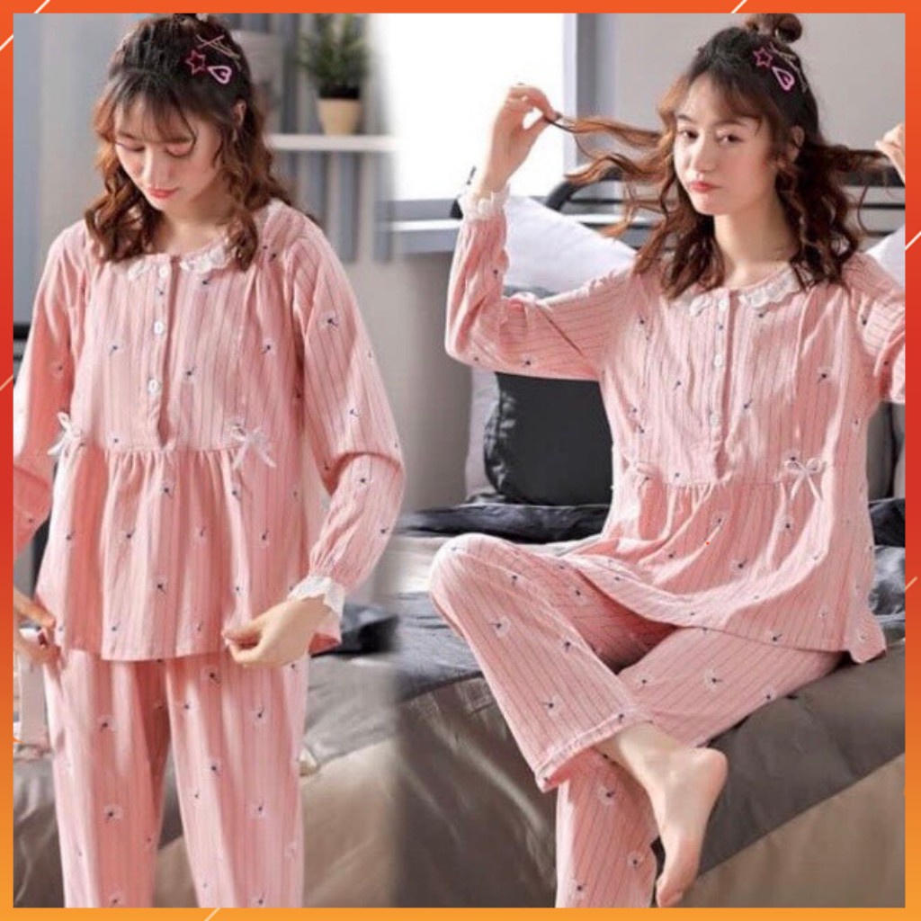 Bộ đồ bầu sau sinh dài tay Chicmom sọc kẻ chất cotton, có khoá ngực cho bé ti, quần có chun chỉnh bụng CM019