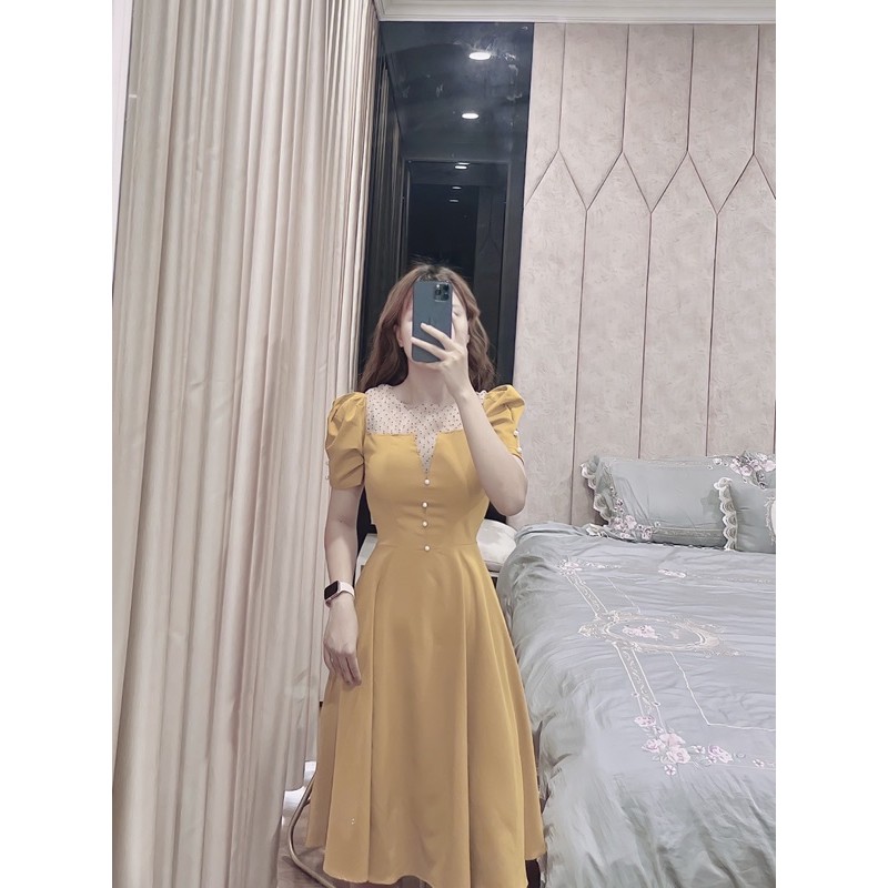 VNU277 - VÁY XOÈ CỔ HỞ V PHỐI LƯỚI CÚC NGỌC | BigBuy360 - bigbuy360.vn