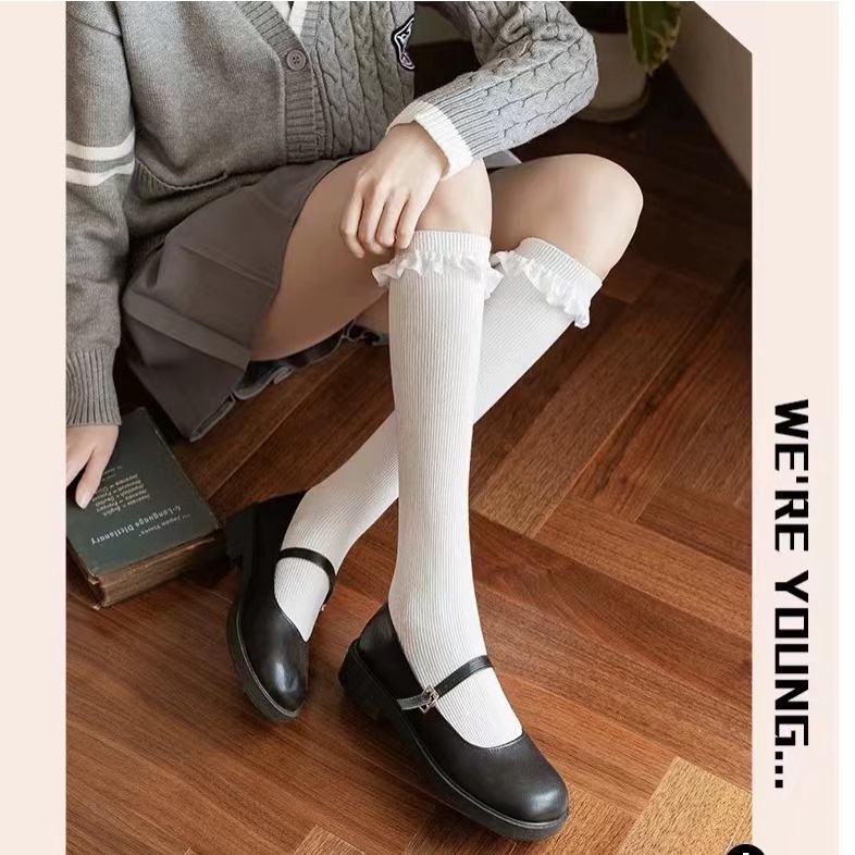 Vớ Cotton Phối Ren Mỏng Màu Trắng Đen Phong Cách Học Sinh lolita