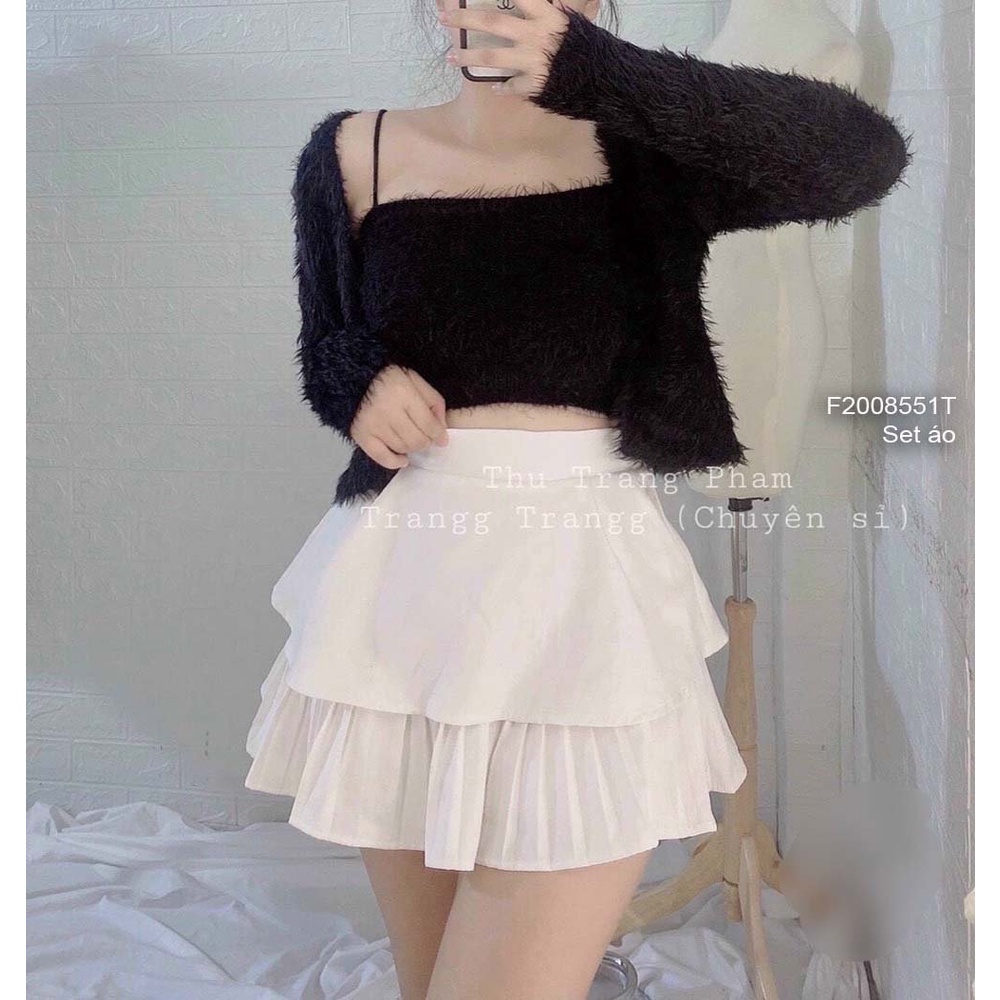 Set áo len lông áo khoác tay dài phối áo croptop 2 dây thời tranh!