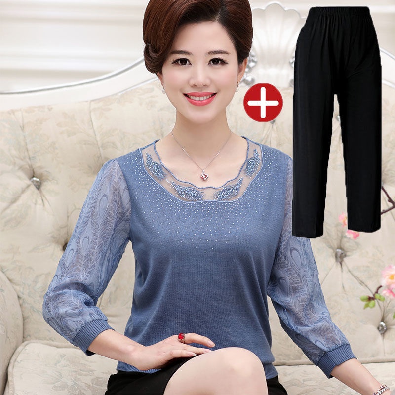 Mẹ mùa xuân áo len dệt kim 40-50 tuổi tay thun phụ nữ trung niên và cao hè hai mảnh hàng đầu