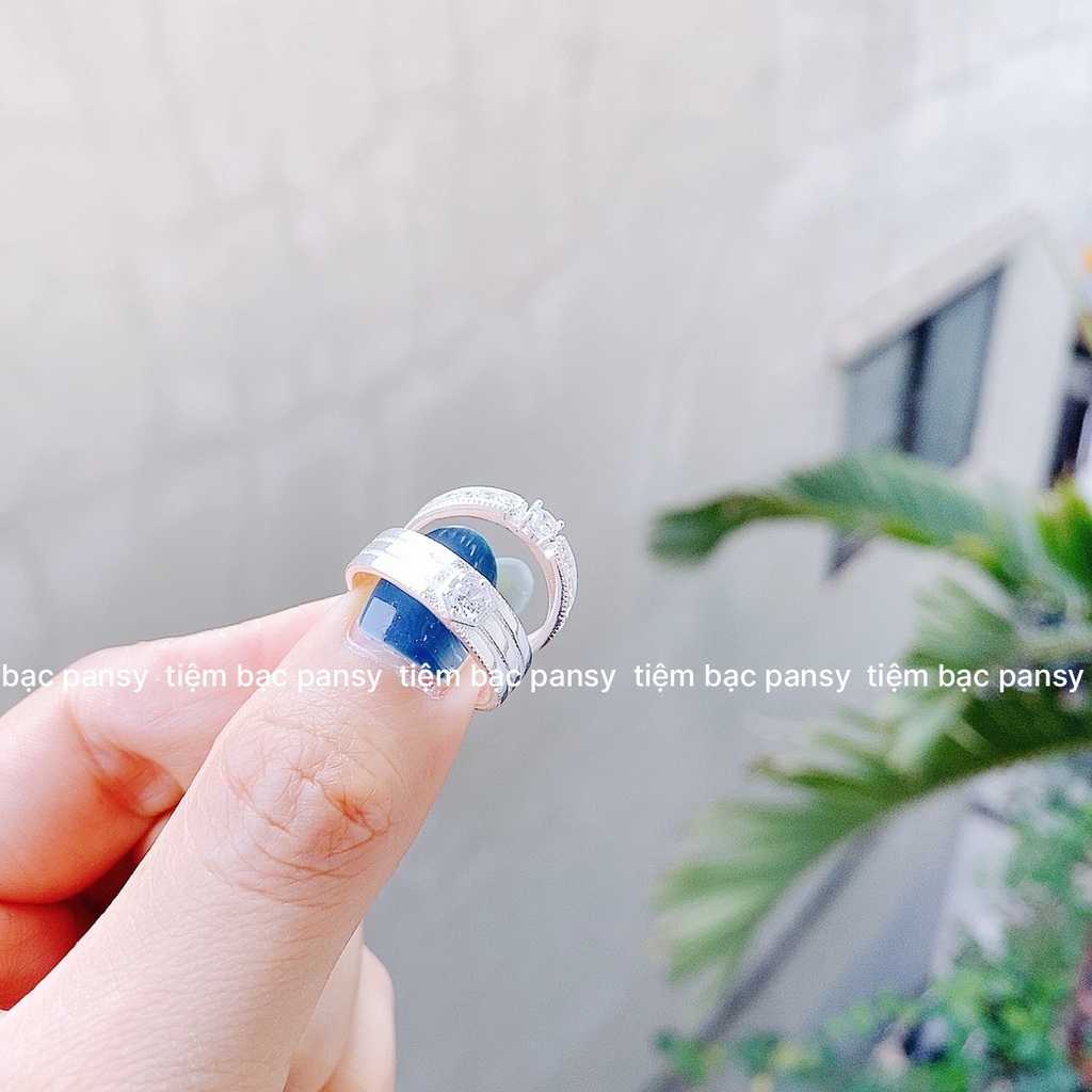 Nhẫn đôi bạc nam nữ PANSY khắc tên miễn phí, nhẫn cặp bạc nạm đá lấp lánh