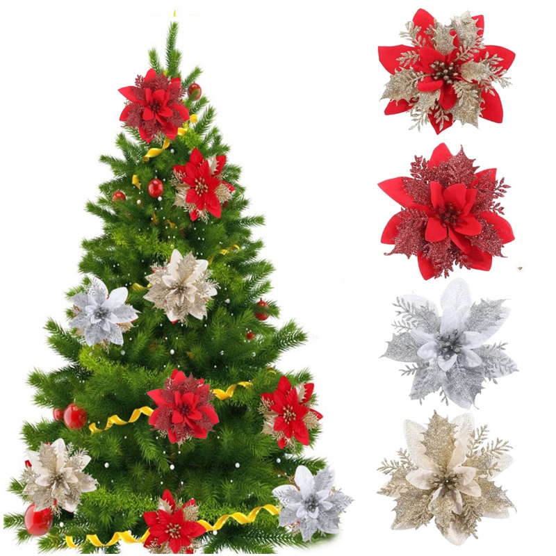 ✿ Set 5 Bông Hoa Giả 14cm Kèm Kẹp Trang Trí Giáng Sinh