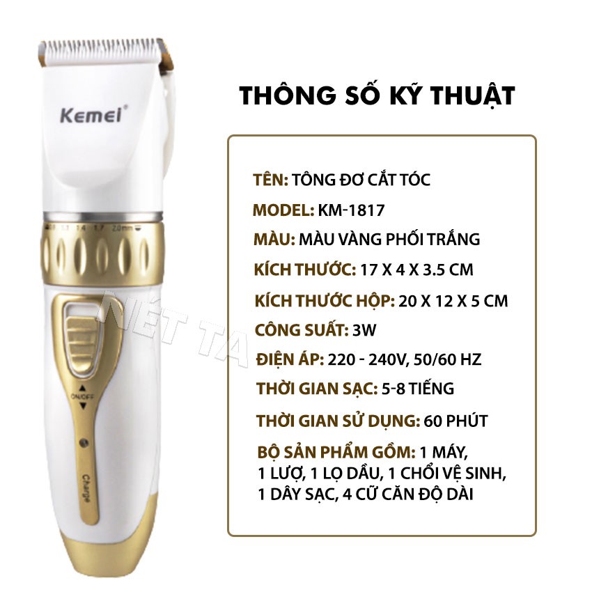 Tông đơ Kemei KM-1817 lưỡi sứ trắng an toàn thích hợp sử dụng cắt tóc gia đình và trẻ em