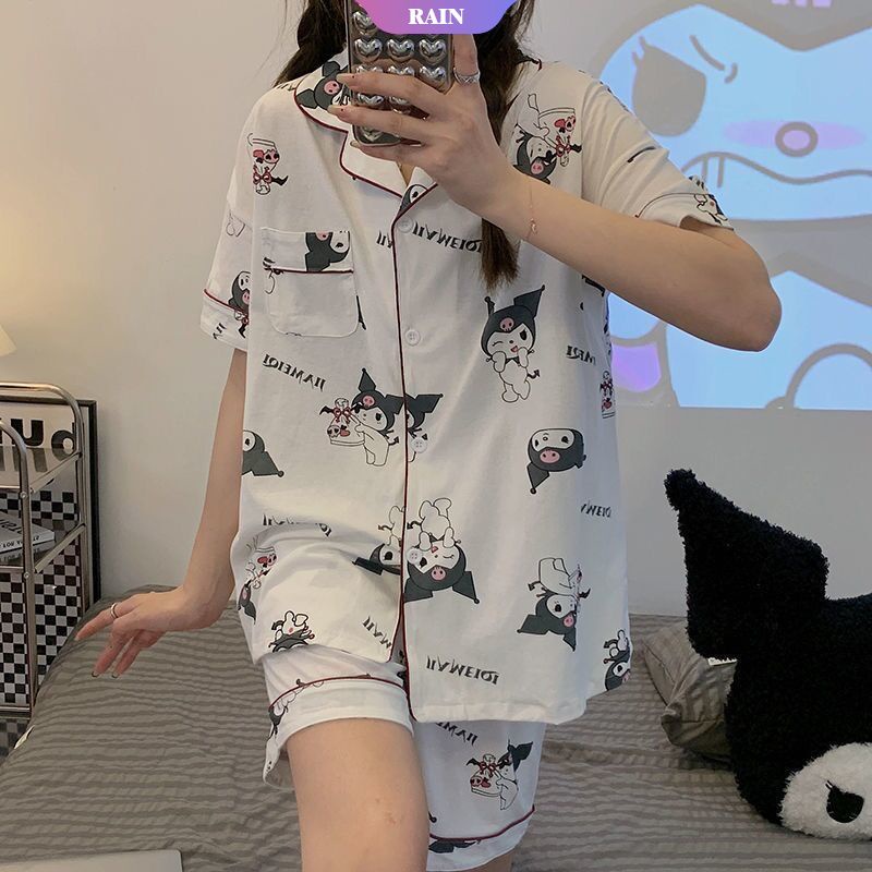 SANRIO Bộ Đồ Ngủ Pijama Hai Mảnh Tay Ngắn In Họa Tiết Hoạt Hình Cinnamoroll Kuromi Pom Pom Dành Cho Nữ