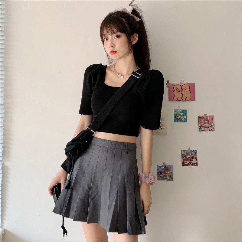 [Order] Áo croptop len tăm màu hè dáng ôm body cổ vuông tay lỡ ulzzang