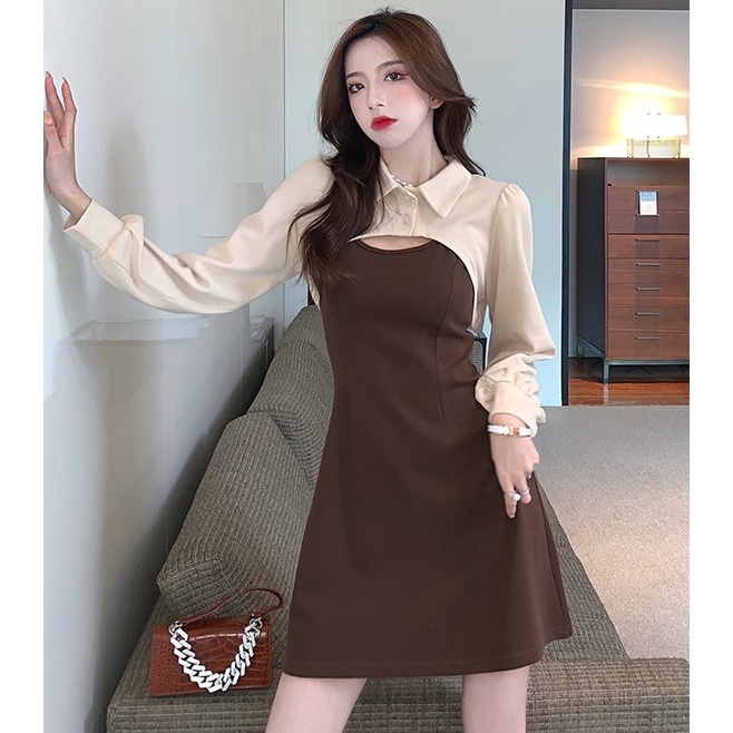 Set váy đầm nữ 2 món cài cúc đen nâu Ylydress freesize dáng A tôn dáng phong cách ulzzang hàn quốc C644 | BigBuy360 - bigbuy360.vn