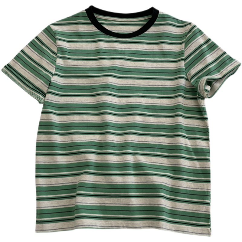 Áo Thun Tay Ngắn Cổ Tròn Họa Tiết Kẻ Sọc Phong Cách Hàn Quốc Thời Trang Cho Nữ