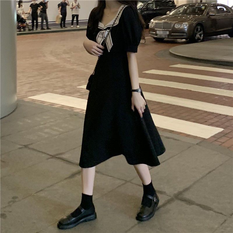 [Order] Đầm nữ đẹp màu đen tay không thắt nơ tay ngắn phồng dáng chữ A phong cách Lolita có size