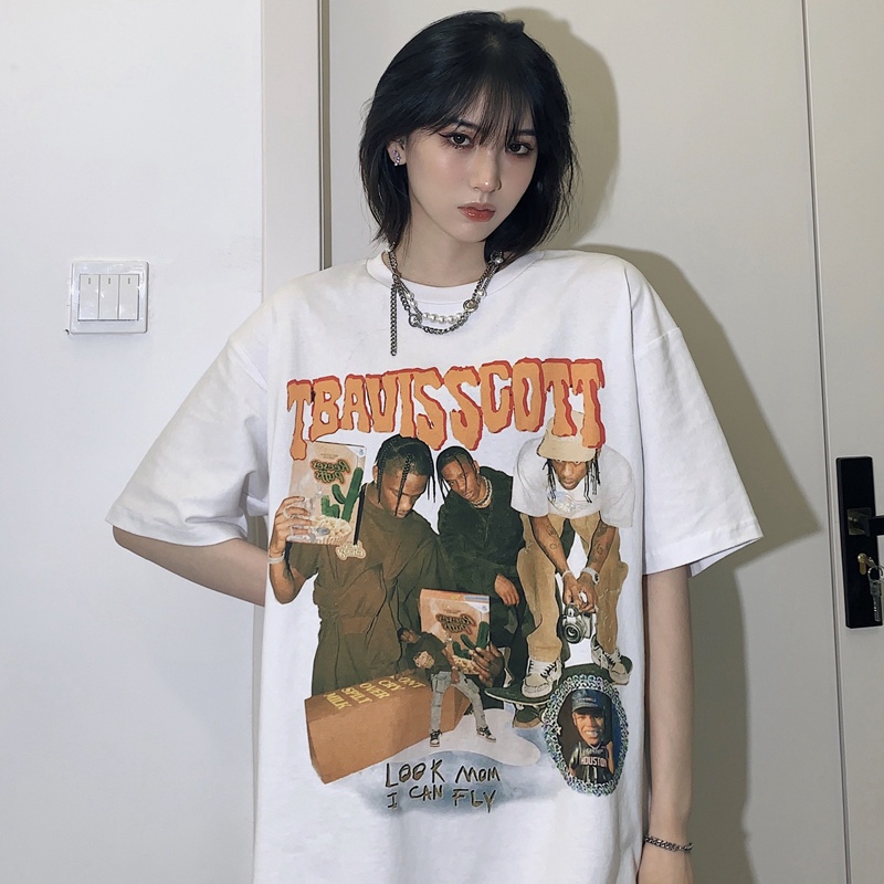 Xiaozhainv Áo Thun Tay Ngắn Cổ Tròn Dáng Rộng In Hình Thời Trang Vintage Hàn Quốc Dành Cho Nữ