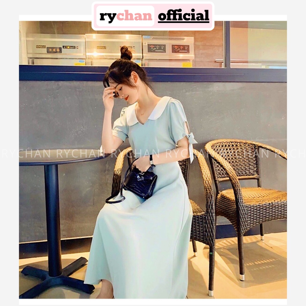 Đầm Xòe Midi Xanh Mint Cổ Sen Nơ Tay  - DX950