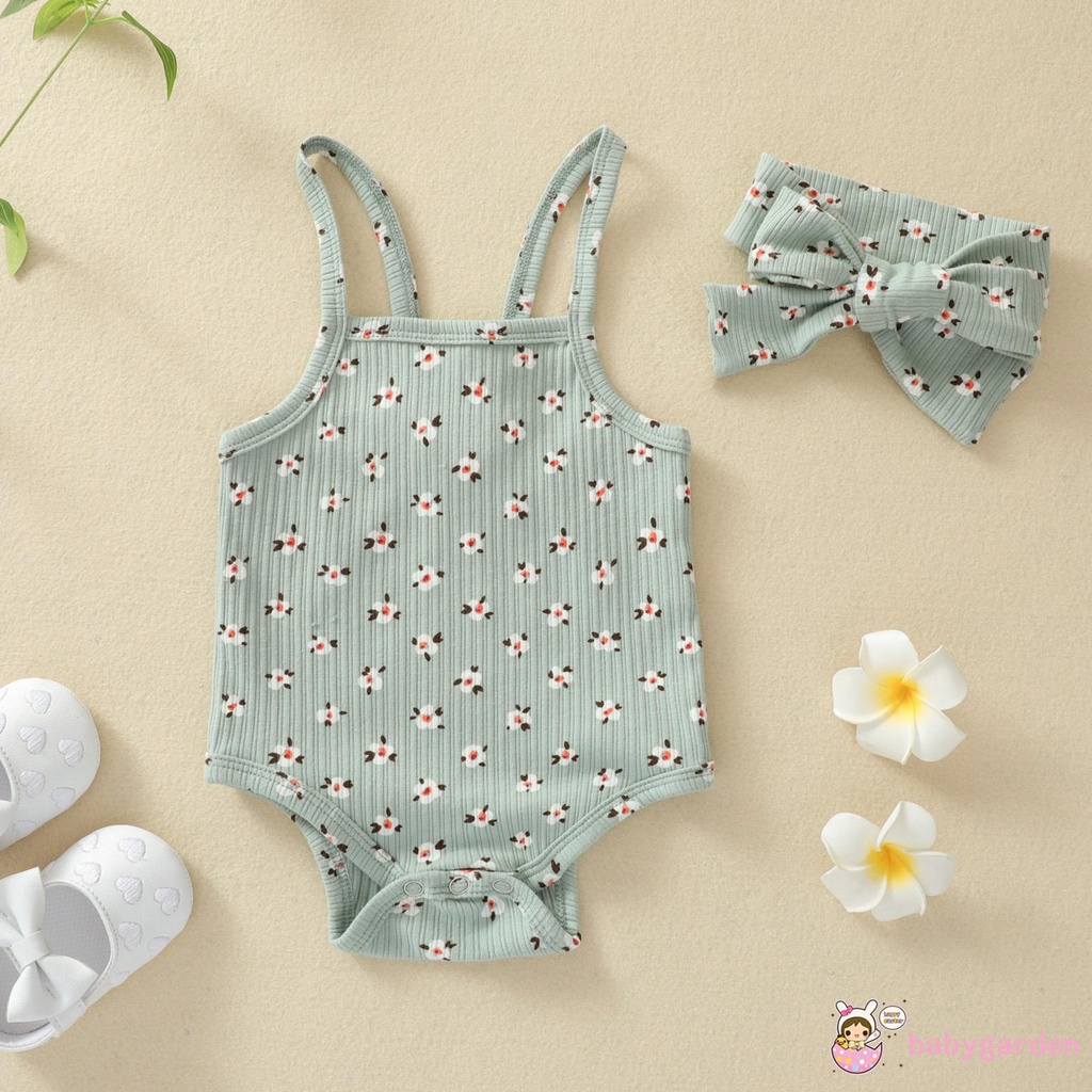 Áo Liền Quần Không Tay In Hoa Kèm Băng Đô Cho Bé Gái