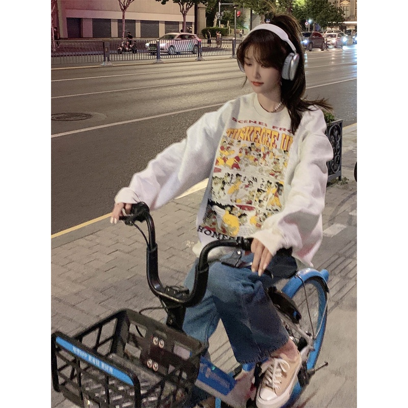 Áo sweater Cổ Tròn Tay Dài Dáng Rộng In Họa Tiết Hoạt Hình Phong Cách Hàn Quốc Thời Trang Cho Nữ