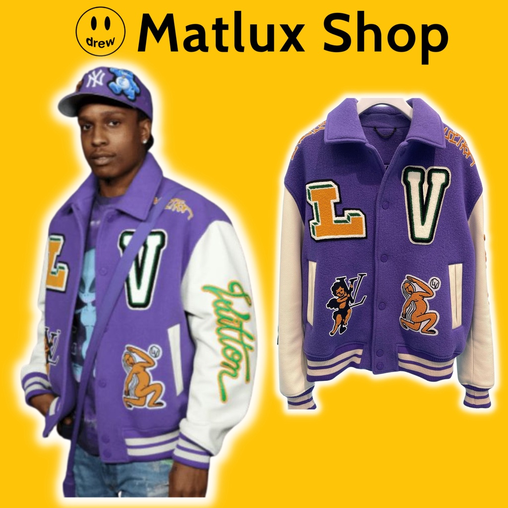 Áo varsity jacket LV Luôn Vui Tươi SS22 màu tím bản cao cấp, Áo khoác bóng chày nam nữ LV thêu hình họa tiết form rộng