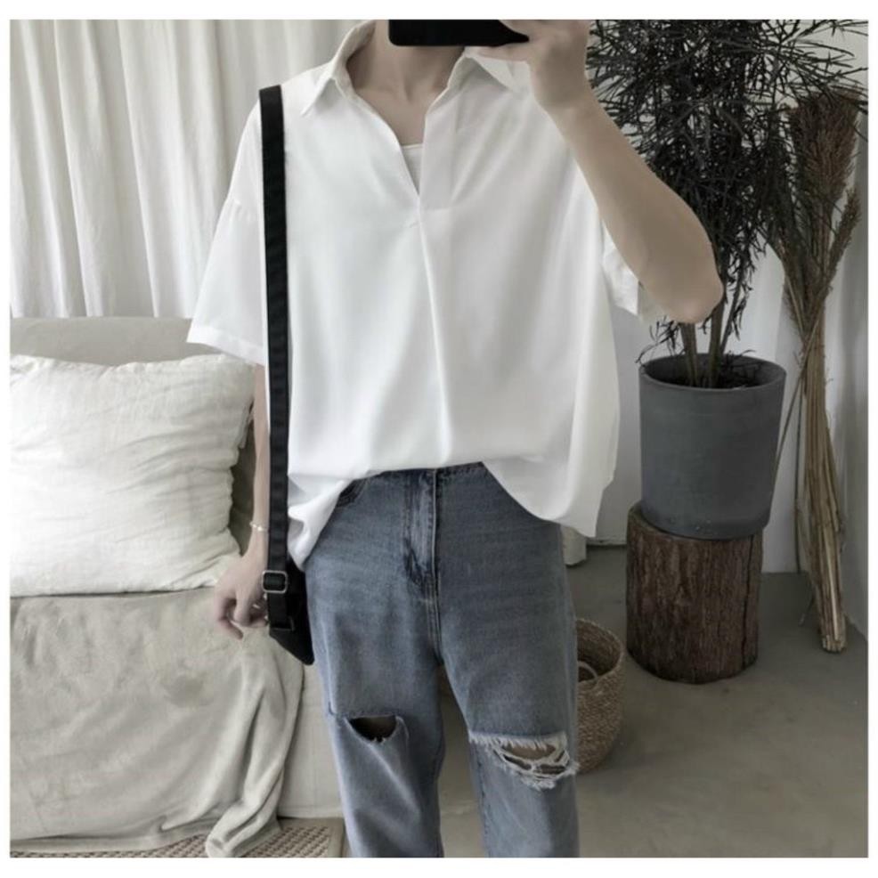 Áo sơ mi unisex Cổ CHUI kiểu chồng đầu Basic tay ngắn form rộng Style Hàn Quốc Unisex (Trắng/Đen) ྇ '
