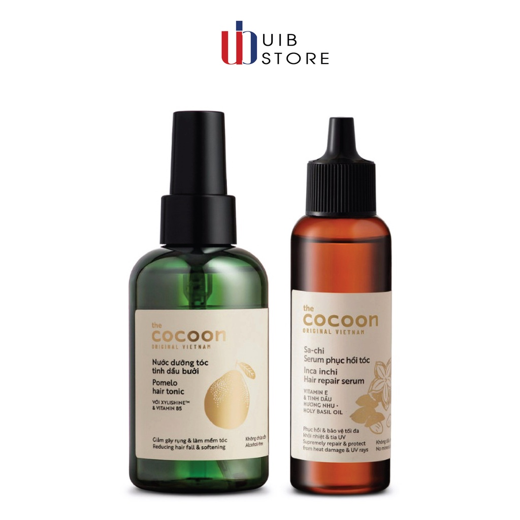 Tóc dài bóng mượt Cocoon: 1 Nước dưỡng tóc tinh dầu bưởi Cocoon 140ml/ 1 Sa-chi Serum phục hồi tóc Cocoon 70ml