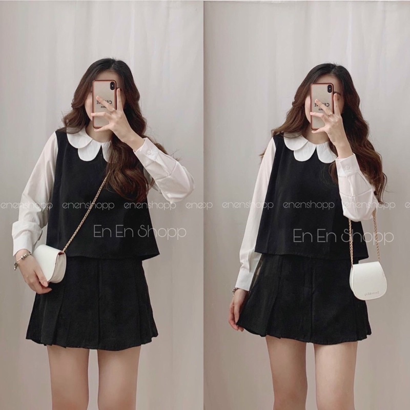 Set váy sang chảnh gồm áo sơmi babydoll cổ bèo và chân váy xếp li
