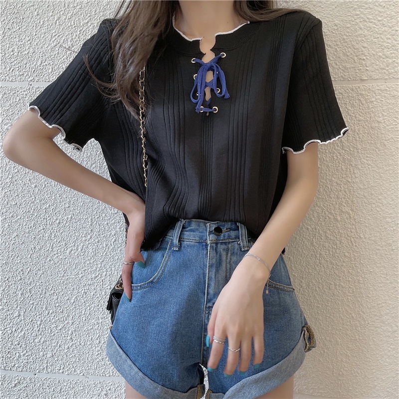 Áo Thun Dệt Kim Ngắn Tay Phối Dây Thắt Thời Trang Cá Tính