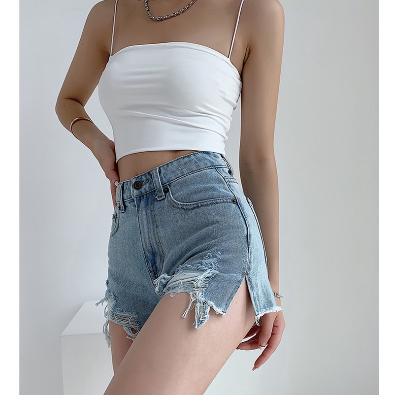 Quần short denim lưng cao ống rộng xẻ tà thời trang mùa hè cho nữ