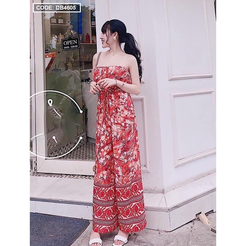 JUMPSUIT dài suông thun eo cột nơ vải lụa hoa văn mã-19703