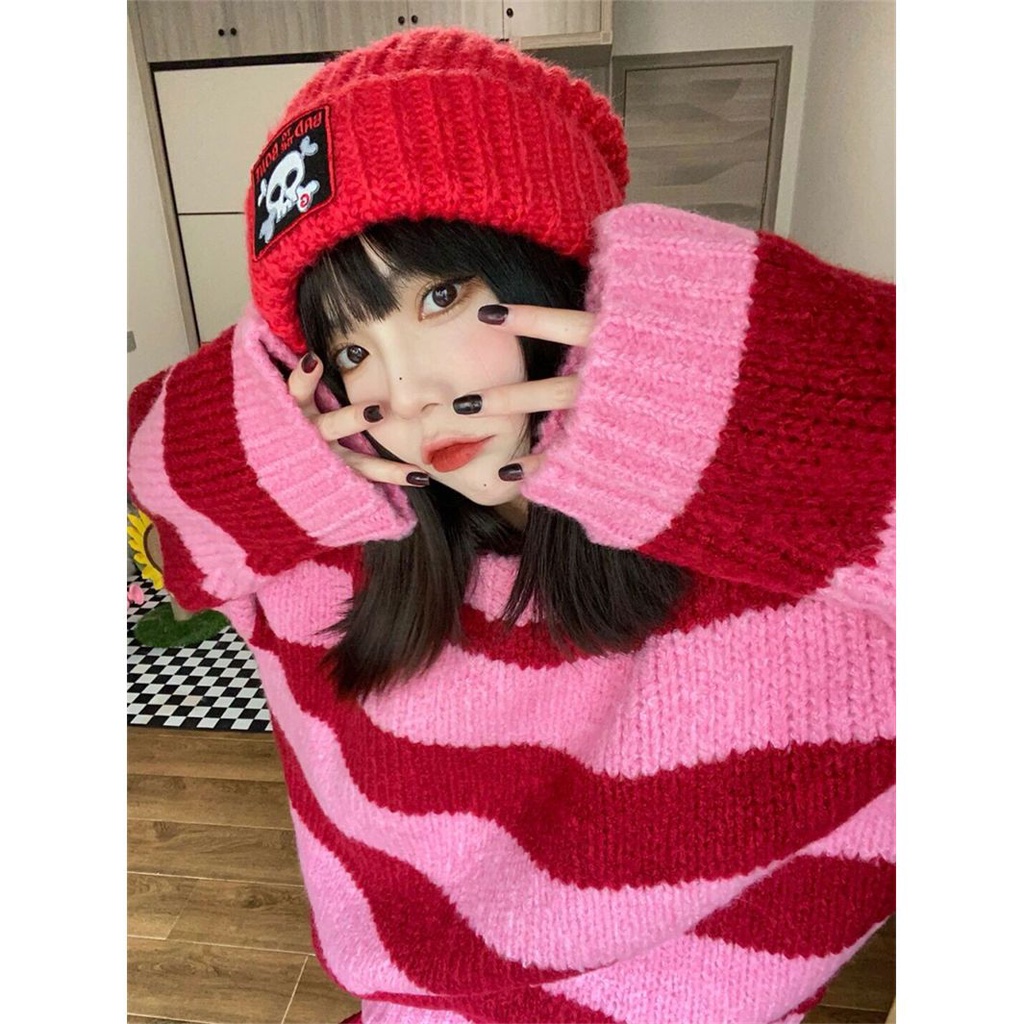 Áo Sweater Cổ Tròn Dáng Rộng Kẻ Sọc Đỏ Phong Cách Nhật Bản Trẻ Trung