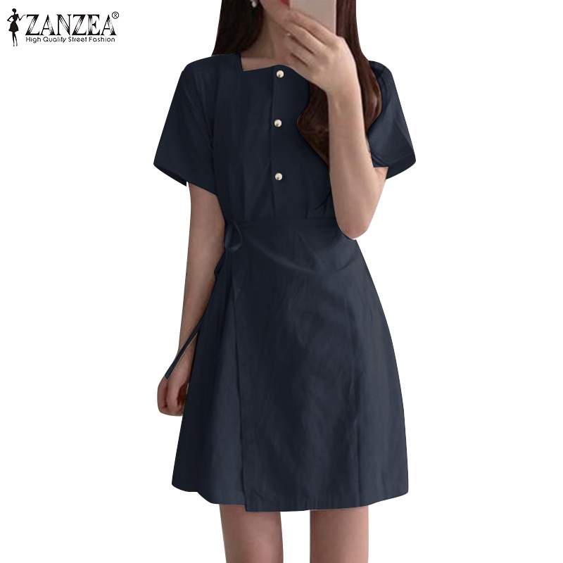 Đầm Zanzea tay ngắn cổ vuông thiết kế buộc dây phong cách Hàn Quốc thời trang cho nữ