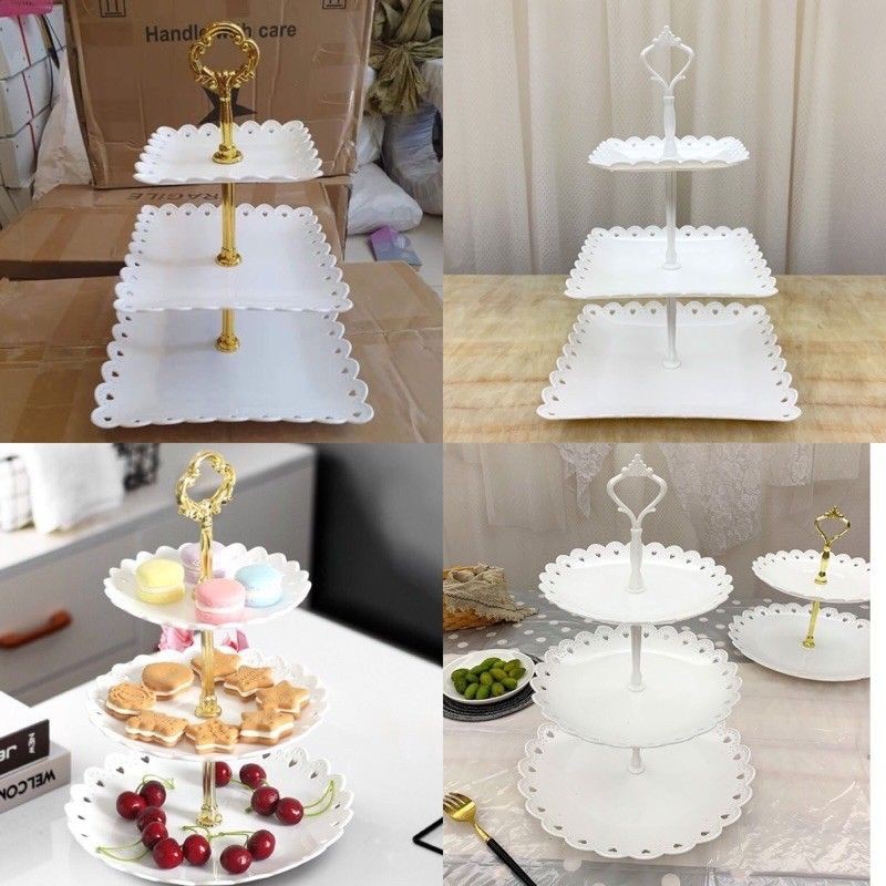 Khay, kệ nhựa 3 tầng đựng hoa quả bánh kẹo dùng trong trang trí sinh nhật sự kiện