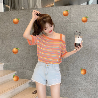 Hàng mới v The for short elegant T-shirt Korean same T-shirt stripe style off summer shoulder student with female loose sleeve