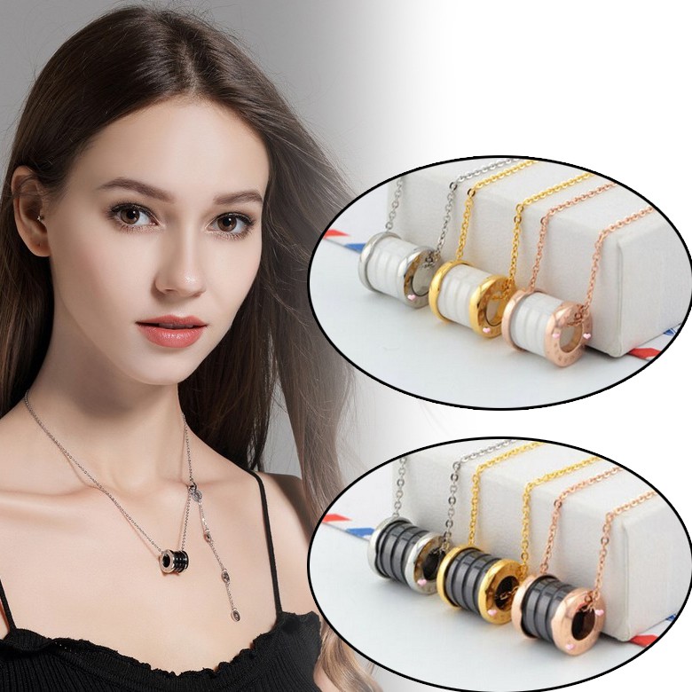 Dây chuyền titan khối trụ khắc số la mã khảm xà cừ nữ tính thời trang