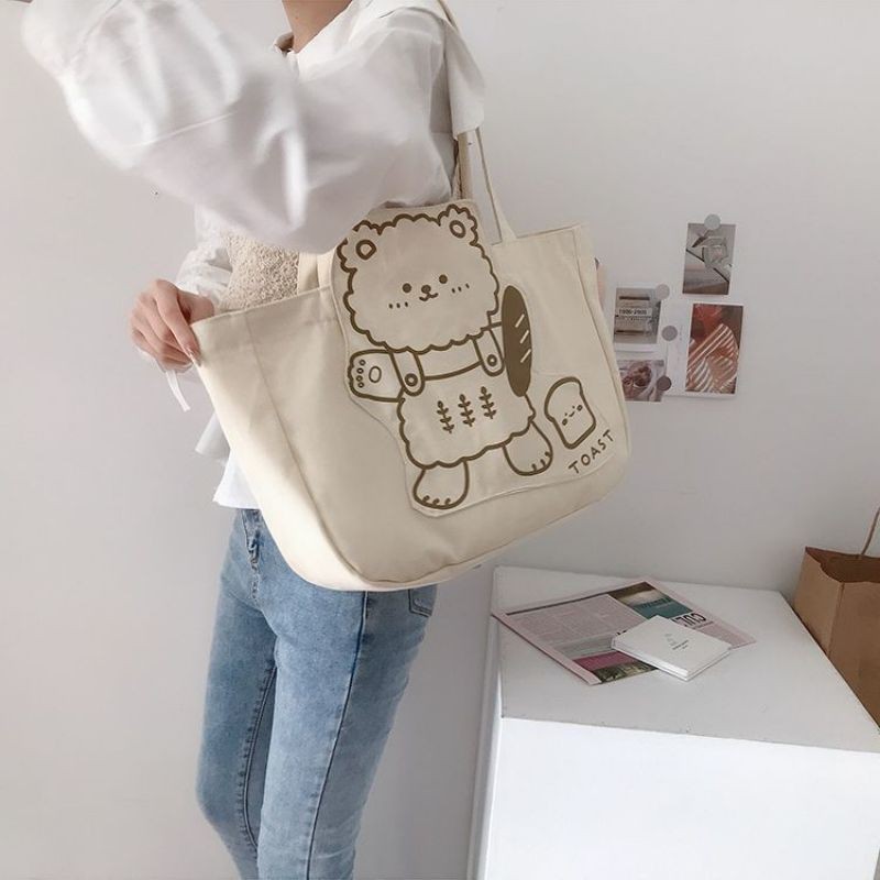 Túi tote gấu bánh mì và sanwich chất liệu canvas đeo vai size to họa tiết in sắc nét mã TP2 | tiemtuitotebypat
