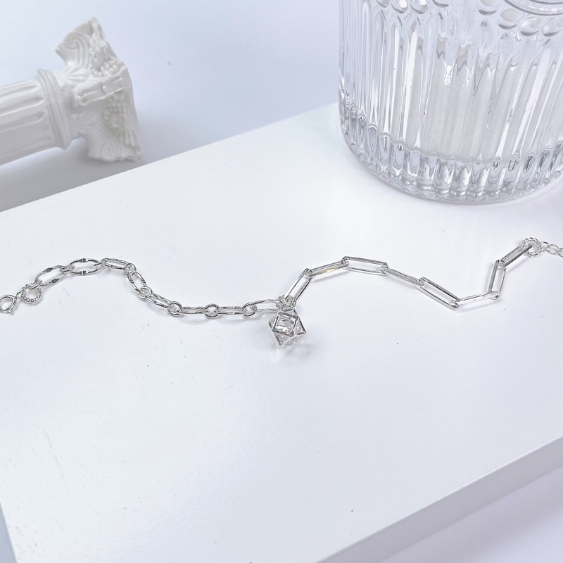 Lắc tay bạc nữ đai xích charm lập phương tâm pha lê cá tính LT012 - Cam kết chuẩn bạc | BigBuy360 - bigbuy360.vn