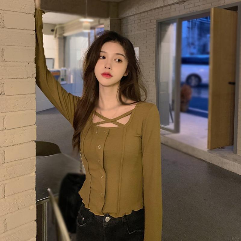 Áo thun tay dài màu sắc đơn giản cho nữ