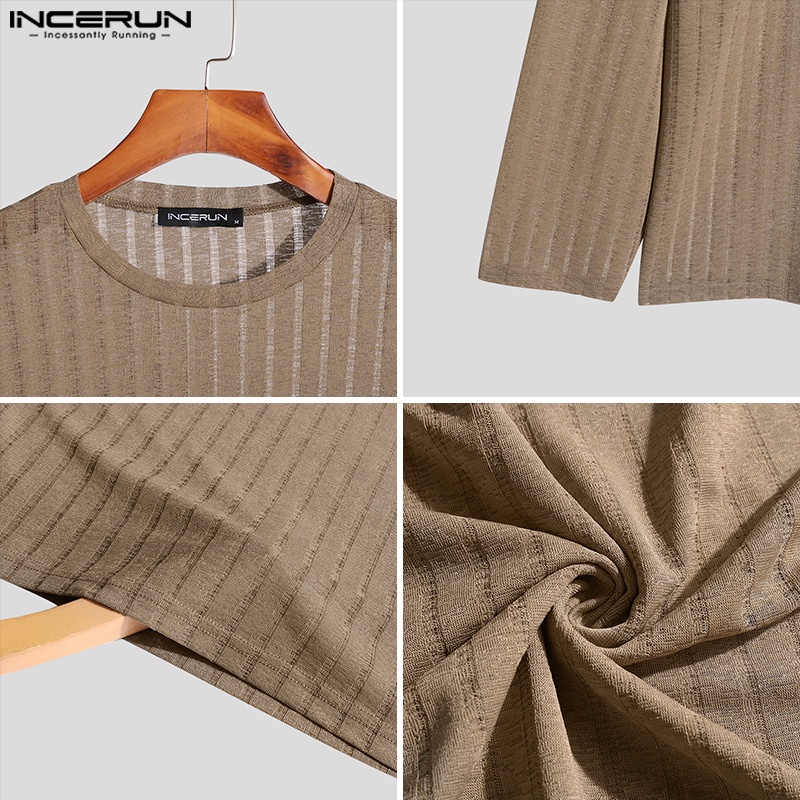 Áo thun INCERUN lưới chui đầu dáng rộng cổ tròn họa tiết kẻ sọc màu xuyên thấu thời trang cho nam