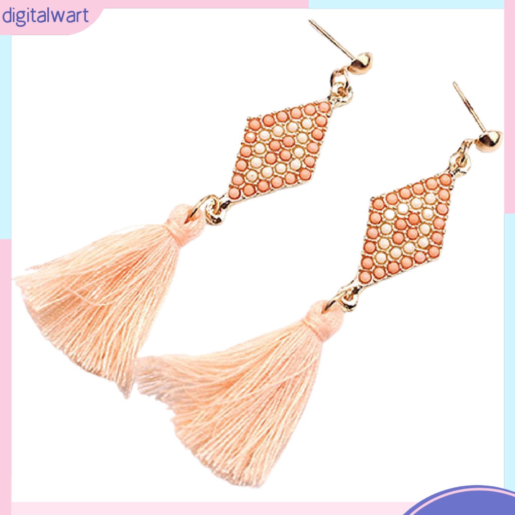 Cặp khuyên tai hình thoi đính đá phối bông tua rua cá tính sang trọng dành cho nữ