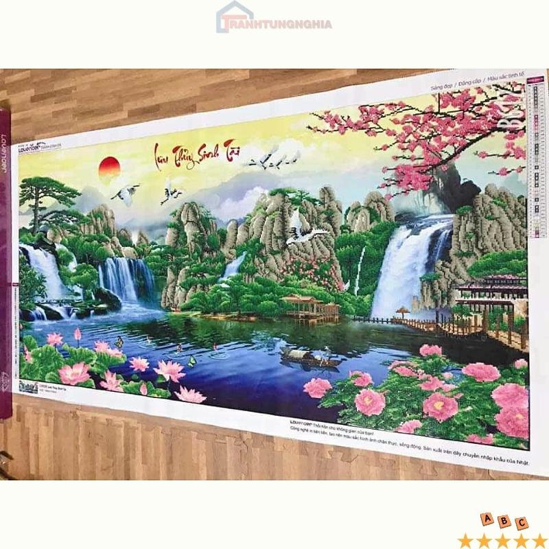 Tranh đính đá, tranh thêu chữ thập phong cảnh lưu thủy sinh tài