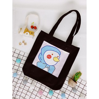 [Hình chụp thật] Túi Tote Túi Vải Leo Canvas Đen Đắp Vịt Tím