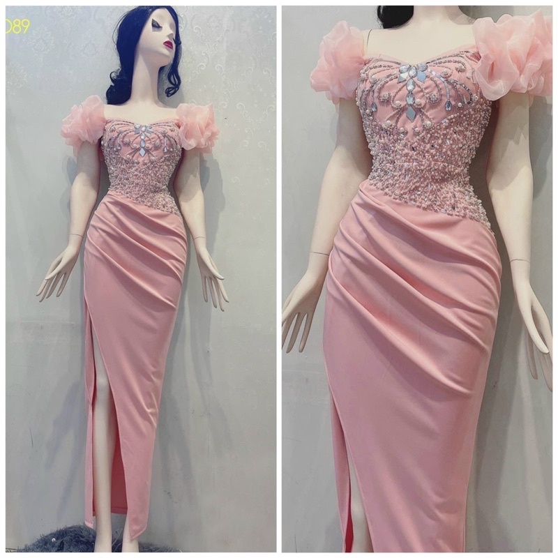 Đầm maxi bóy dự tiệc trễ vai nhúng phồng voan kính kết đá pha lê TRIPBLE T DRESS - size S/M/L - MS228Y