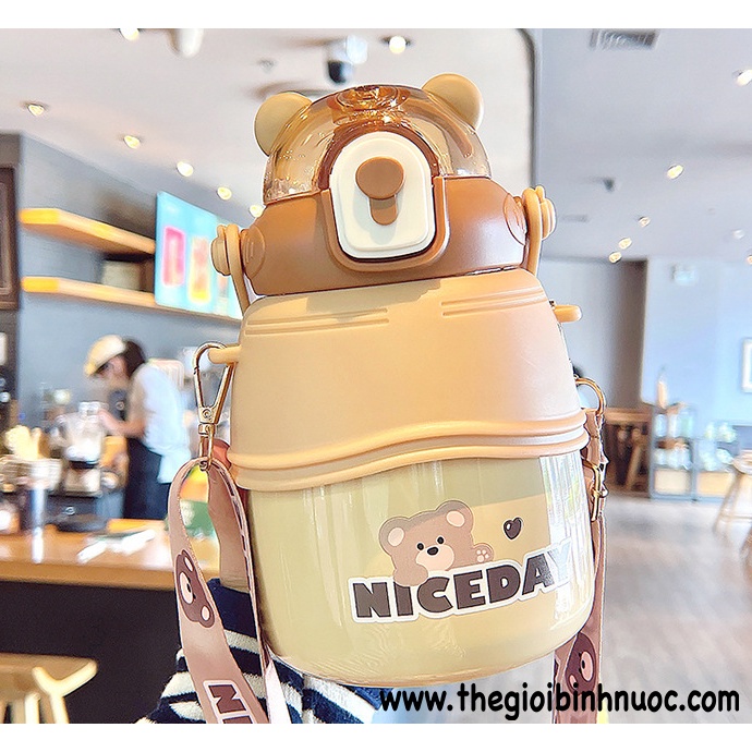 BÌNH GIỮ NHIỆT 1L GẤU NICE DAY DÂY ĐEO INOX 304 B493