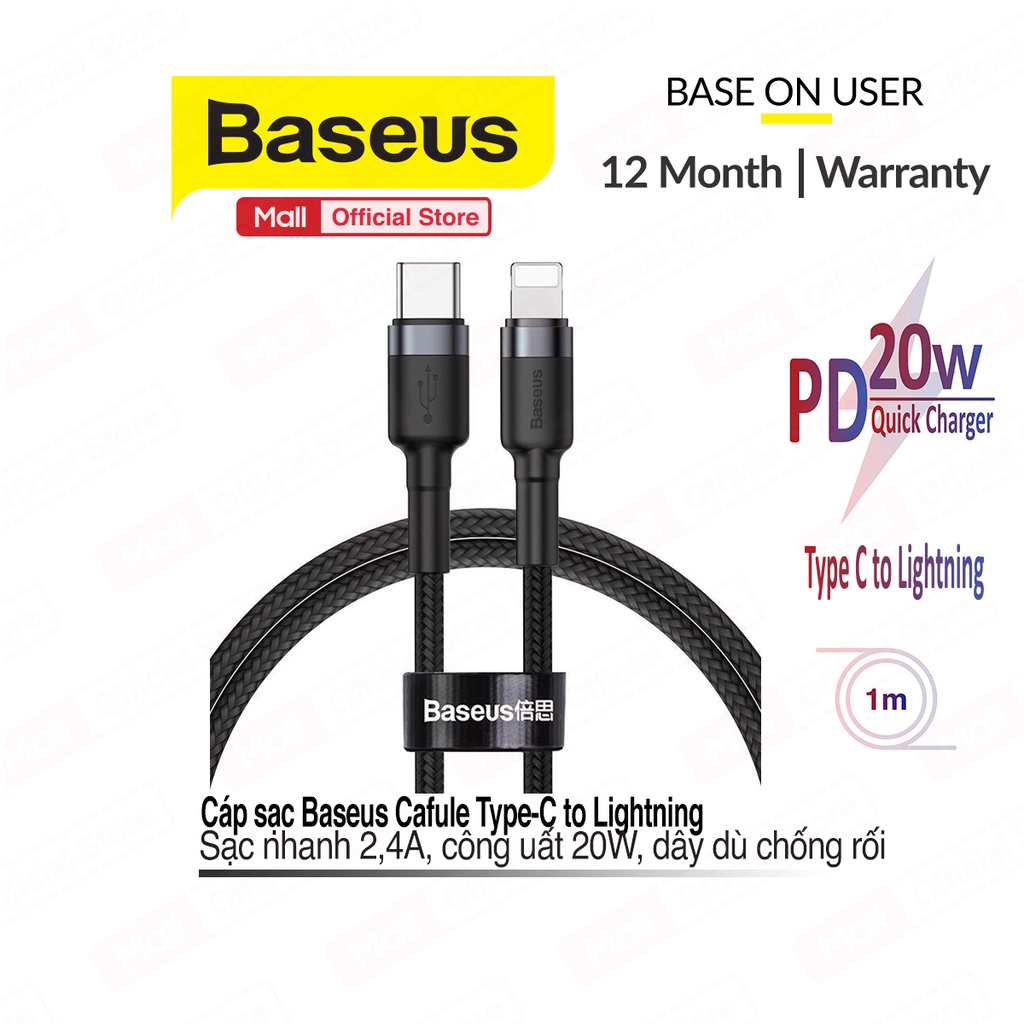 Cáp sạc Baseus Cafule Cable Type-C to Lightning PD 20W Sạc nhanh và truyền dữ liệu