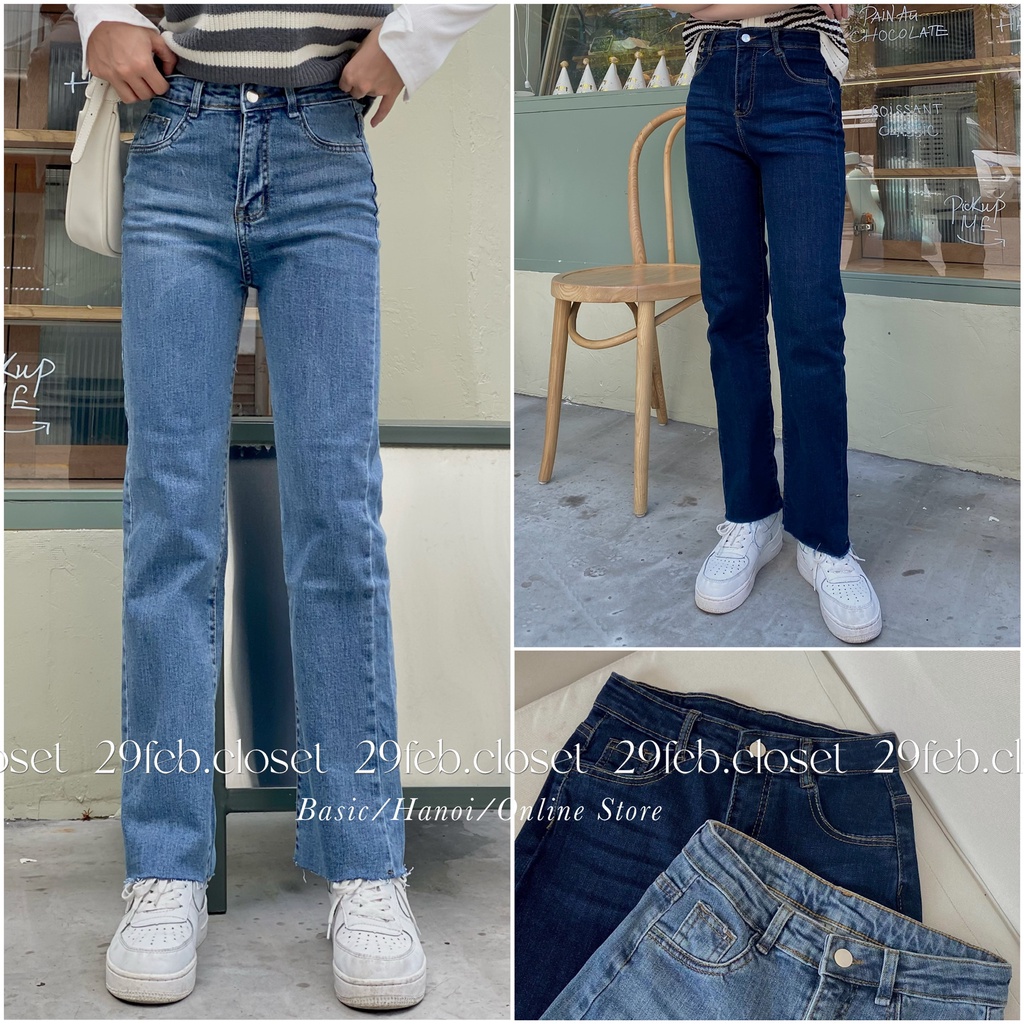 [Ảnh thật/Video] Quần jeans ống đứng trơn cạp cao co giãn - 29feb.closet - Q34