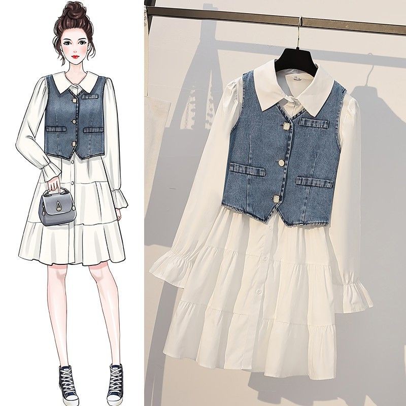 🌸Hàng Order🌸 Sét BigSize Váy Sơ Mi Kết Hợp Áo Gile Bò Đính Cúc Đá Trẻ Trung 🌸Hàng Quảng Châu - Có ảnh thật
