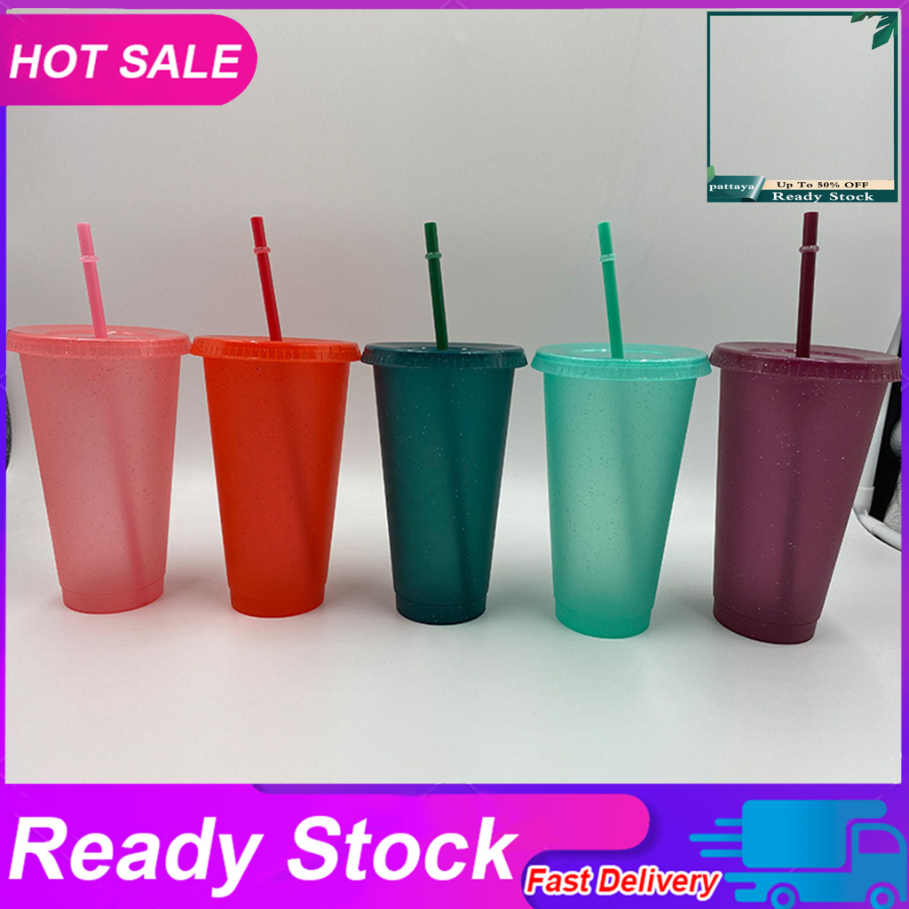 CFYP_400/500ml Straw Drinking Cup Large-capacity Wide Mouth Lid Plastic Flash Powder Shiny Water Bottle for School