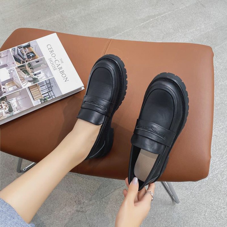 Giày Oxford nữ đen phong cách Hàn Quốc, giày da nữ mũi tròn, không dây buộc tiện lợi | BigBuy360 - bigbuy360.vn