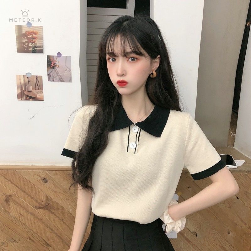 [ Mã 12FASHIONSALE1 giảm 10K đơn 50K ] Áo thun ngắn tay cổ bẻ phong cách Hàn Quốc trẻ trung cho nữ
