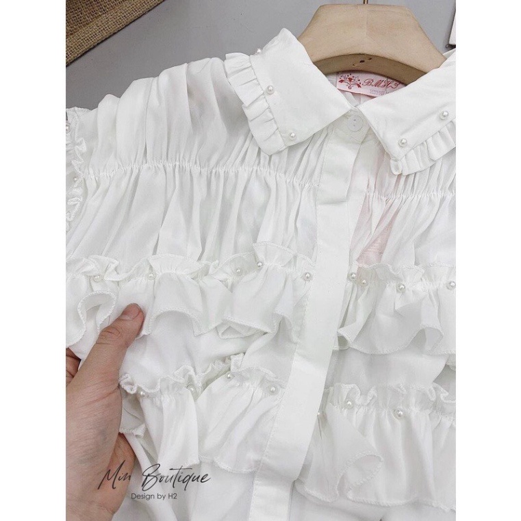 Áo sơmi trắng nhún bèo tầng ngắn tay đính ngọc xinh xẻo xa hoa A116 Nội Y Xanh hàng đẹp trendy - nội y xanh