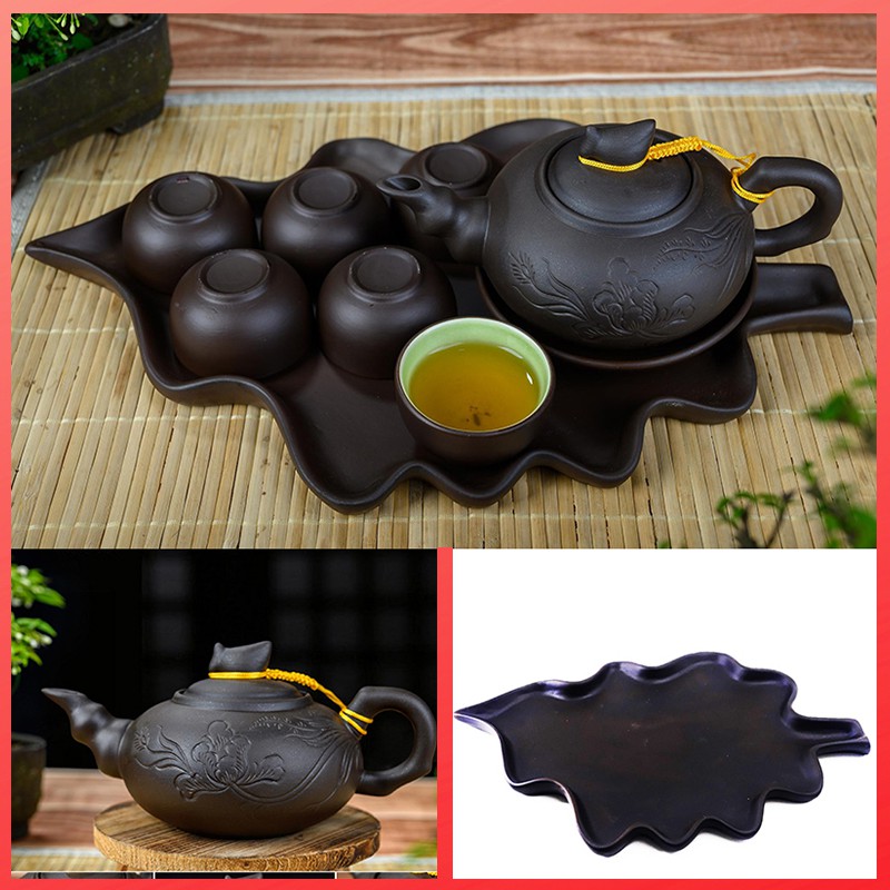 Bộ bình trà tử sa Bát Tràng-Ấm nắp quả đào-Khay lá-Dung tích 350ml
